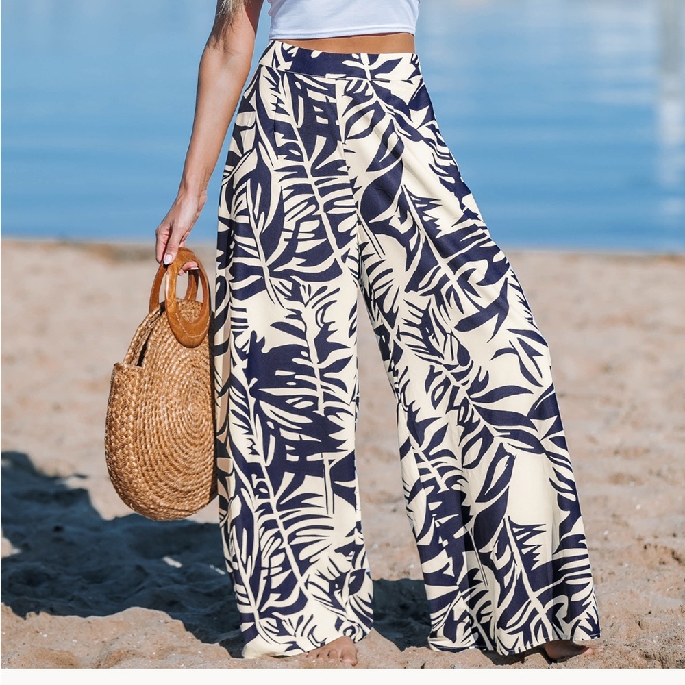 Navy and White Leaf Print Wide Leg Pants